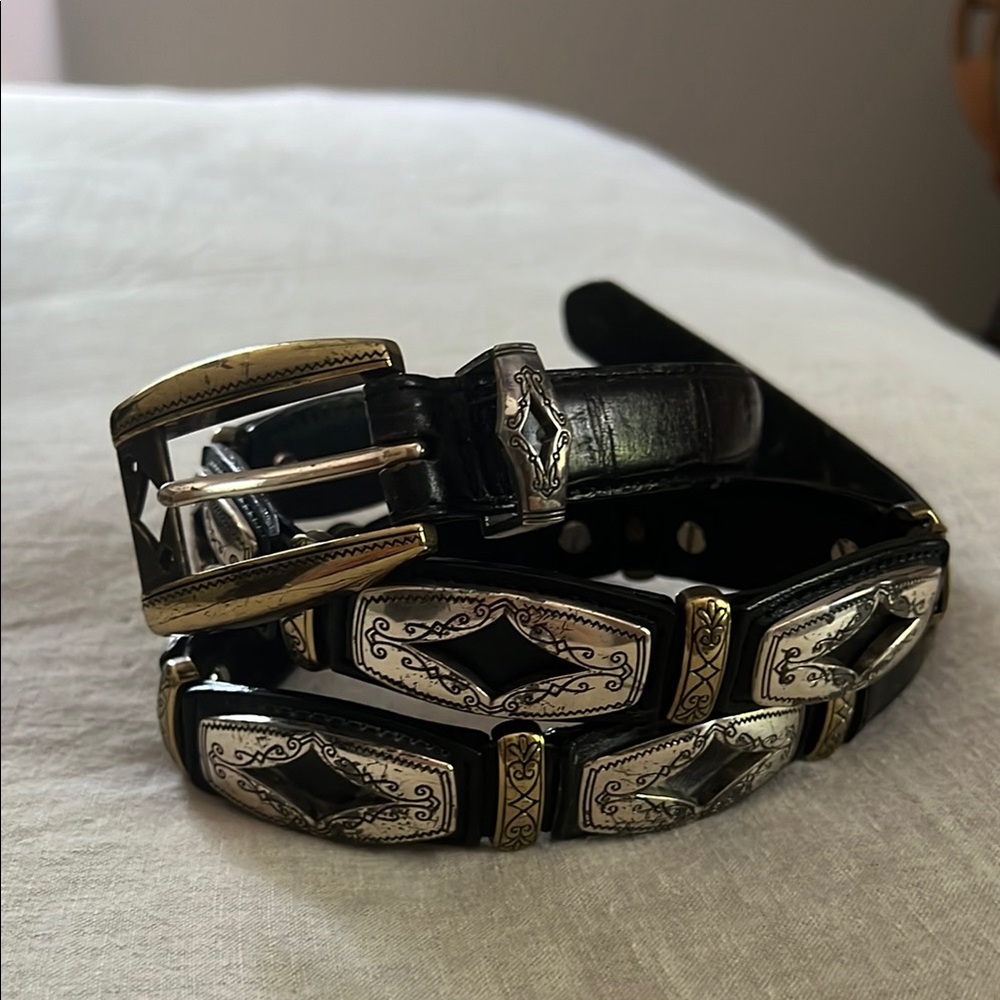 Black Leather Belt with Silver and Gold Accents